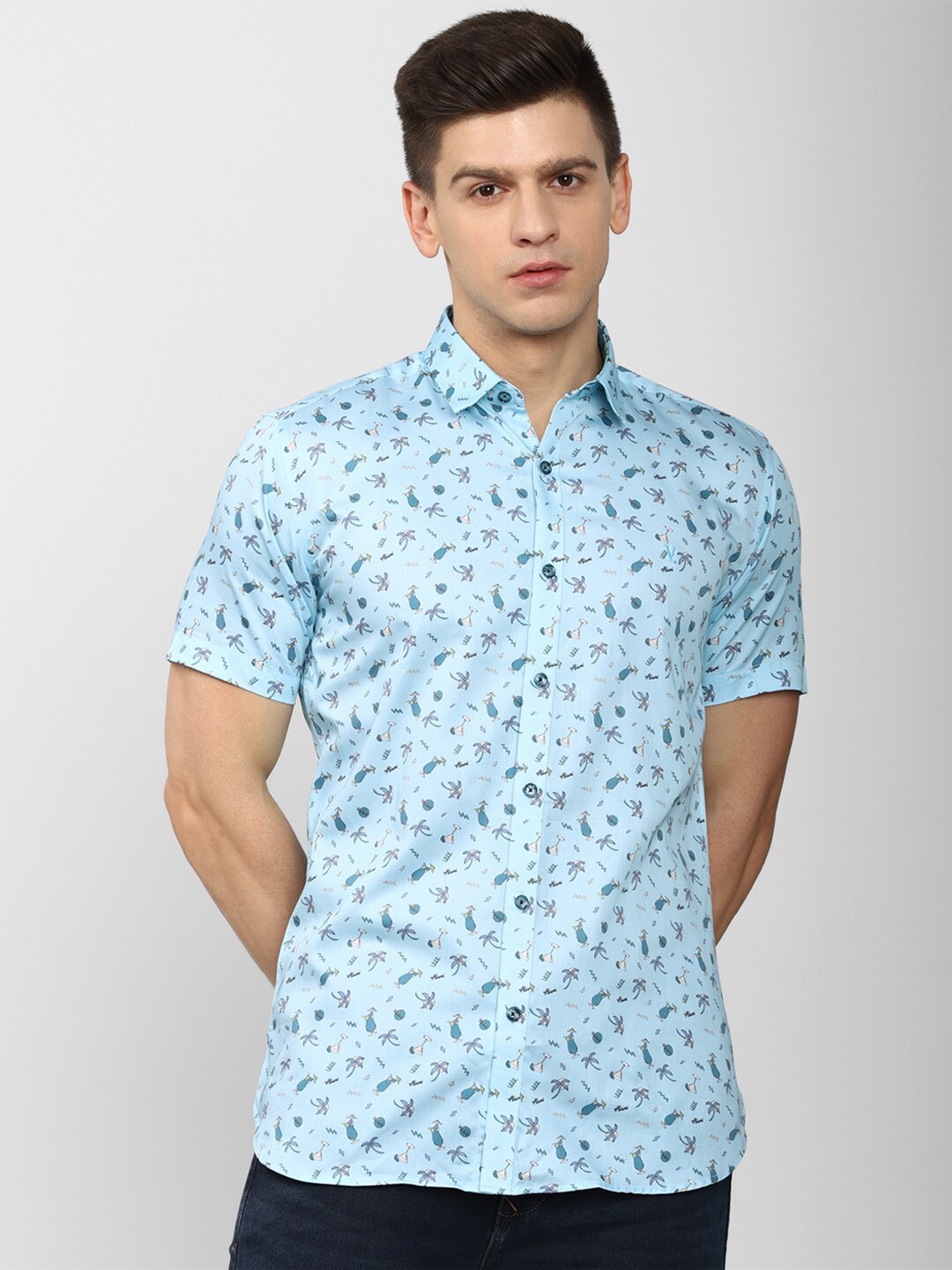 

V Dot Men Blue Slim Fit Floral Printed Casual Shirt