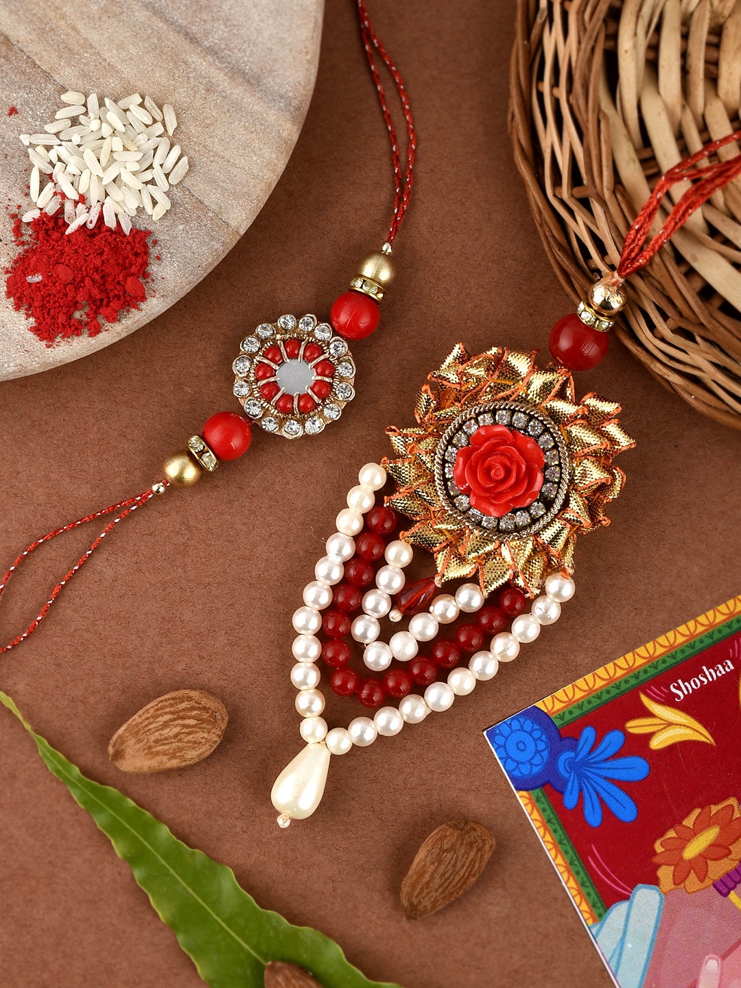 

Shoshaa Gold-Toned & Red Beaded Rakhi With Roli Chawal & Greeting Card