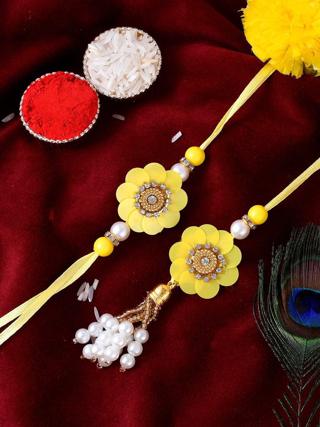 

Shoshaa Yellow & White Pearl & Beaded Lumba Bhai Bhabhi Rakhi