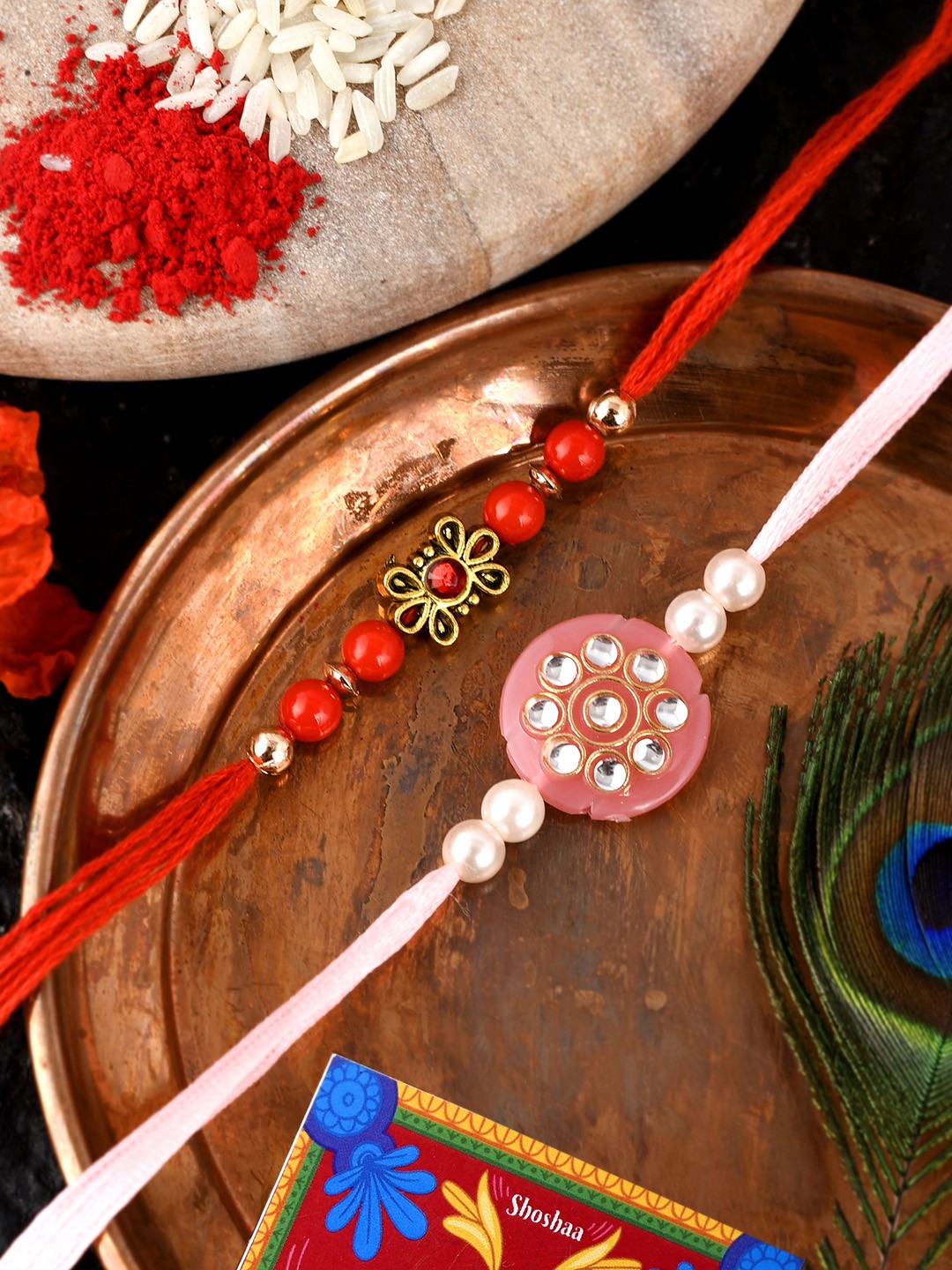 

Shoshaa Set Of 2 Red & Peach Kundan-Studded Combo Bhai Rakhi