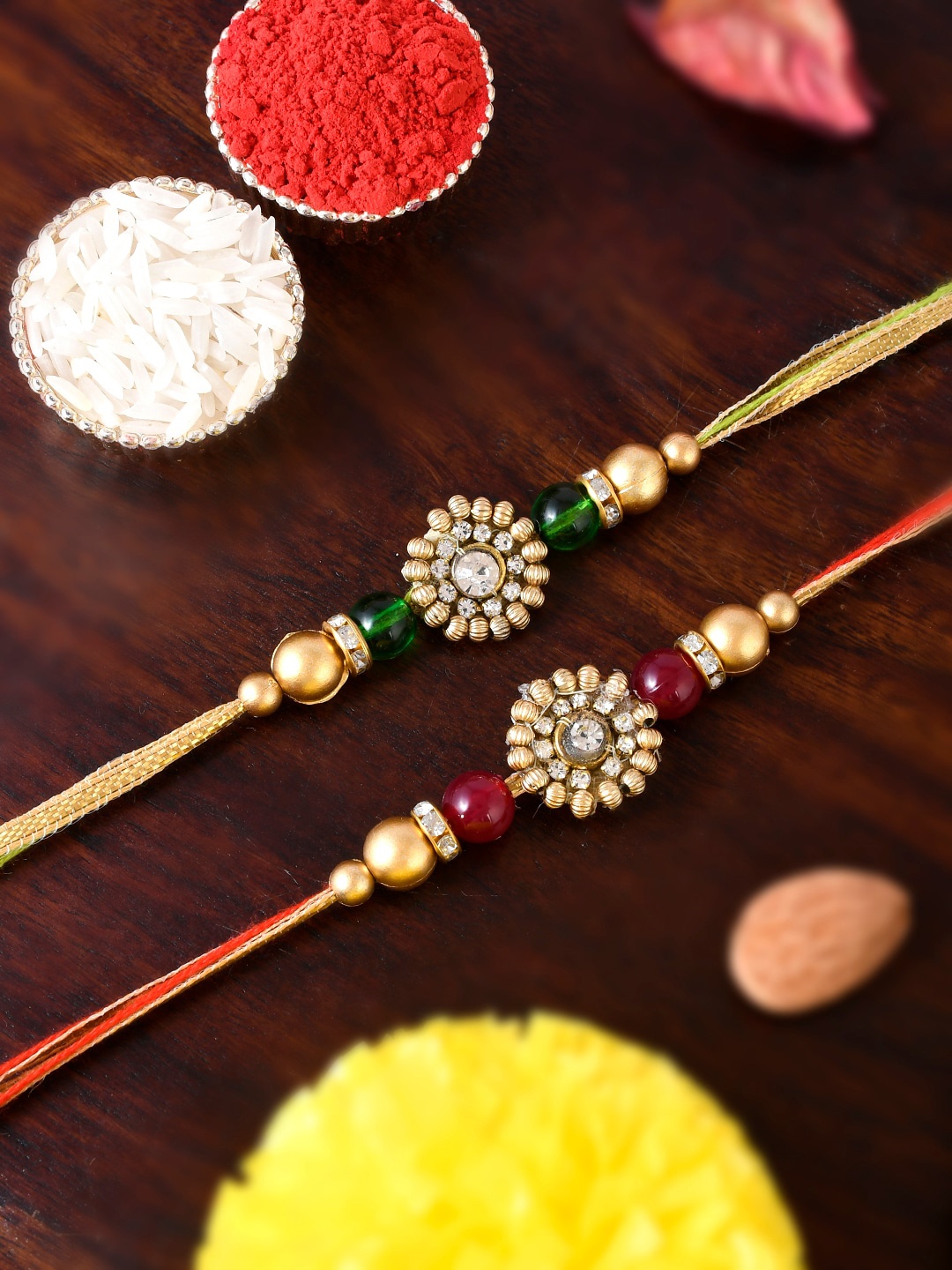 

Shoshaa Men Set Of 2 Red & Green Stones-Beaded Combo Bhai Rakhi