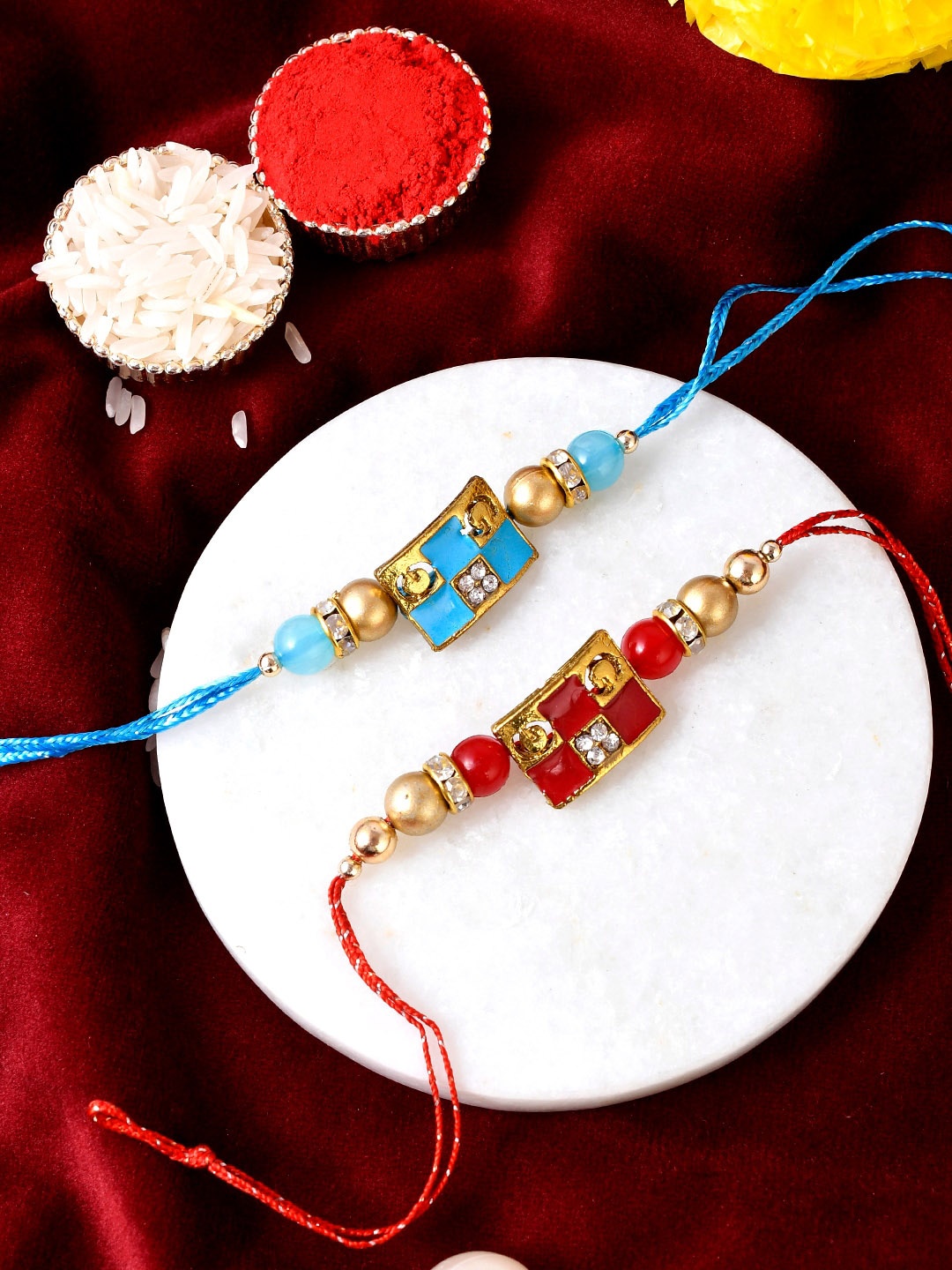 

Shoshaa Set of 2 Red & Blue Thread Beaded Handcrafted Combo Bhai Rakhi