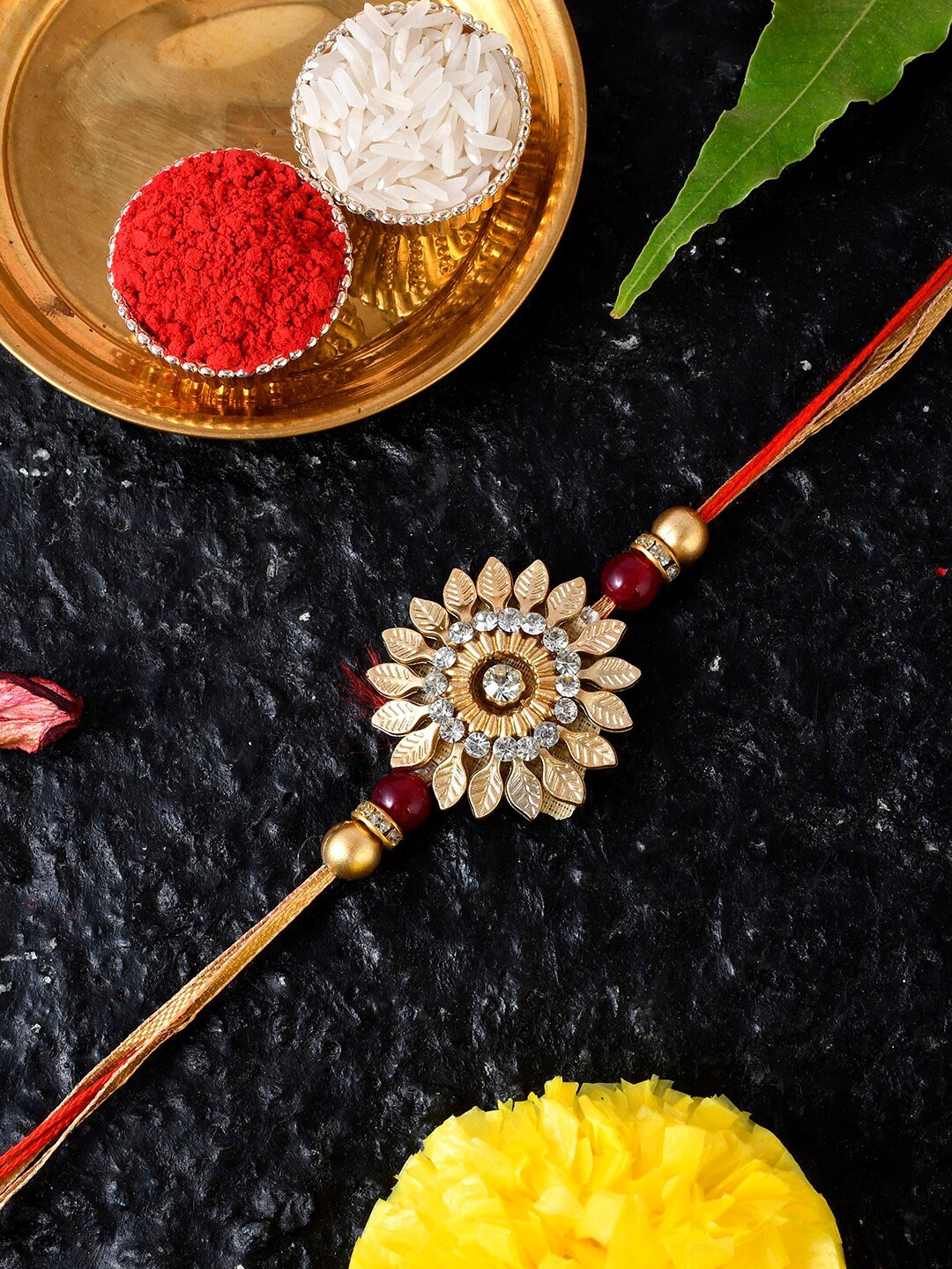 

Shoshaa Red & Gold Beaded Handcrafted Rakhi With Roli Chawal