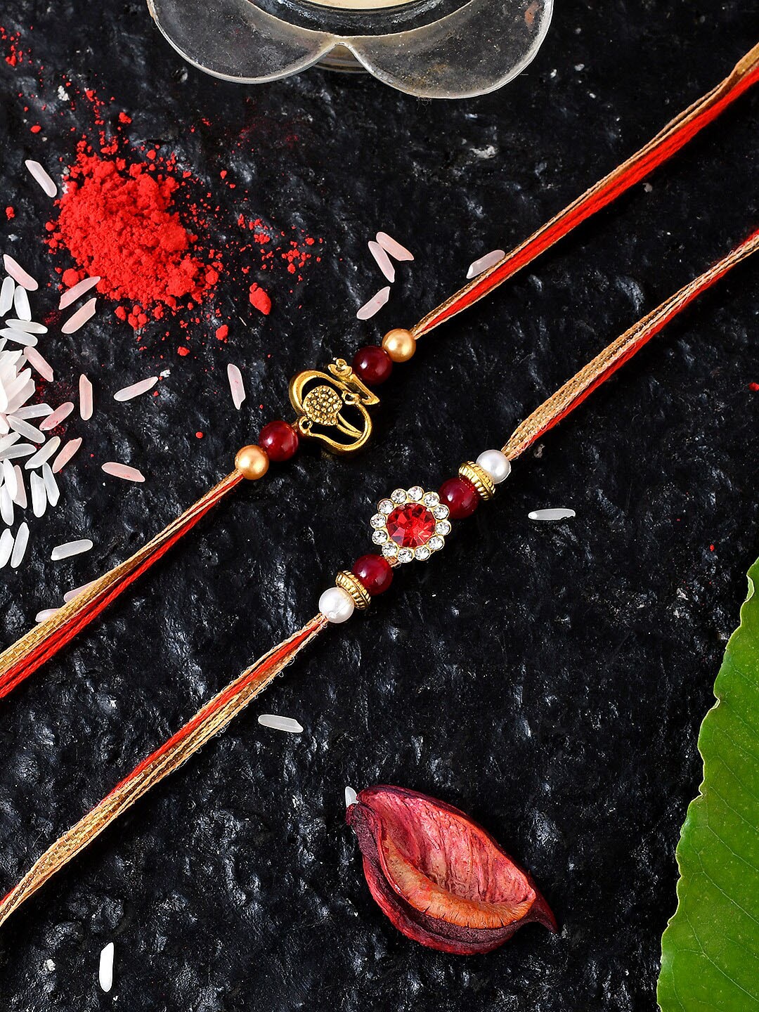 

Shoshaa Men Set Of 2 Gold-Toned Red Beaded Combo Bhai Rakhi With Roli Chawal