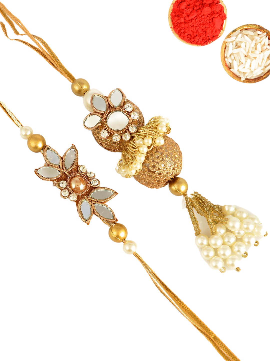 

Shoshaa Pack Of 2 Gold & White Rakhi With Roli & Chawal
