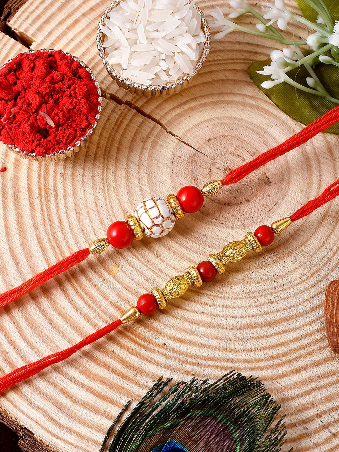

Shoshaa Combo Of 2 Red & Gold Beaded Red Thread Combo Bhai Rakhi