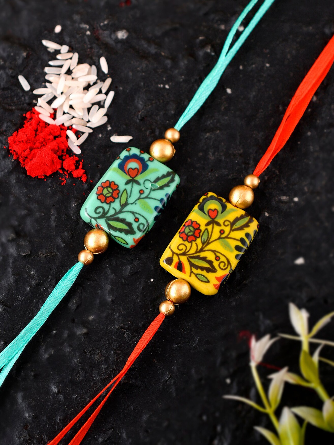 

Shoshaa Men Set Of 2 Yellow & Green Beaded Combo Bhai Rakhi With Roli Chawal