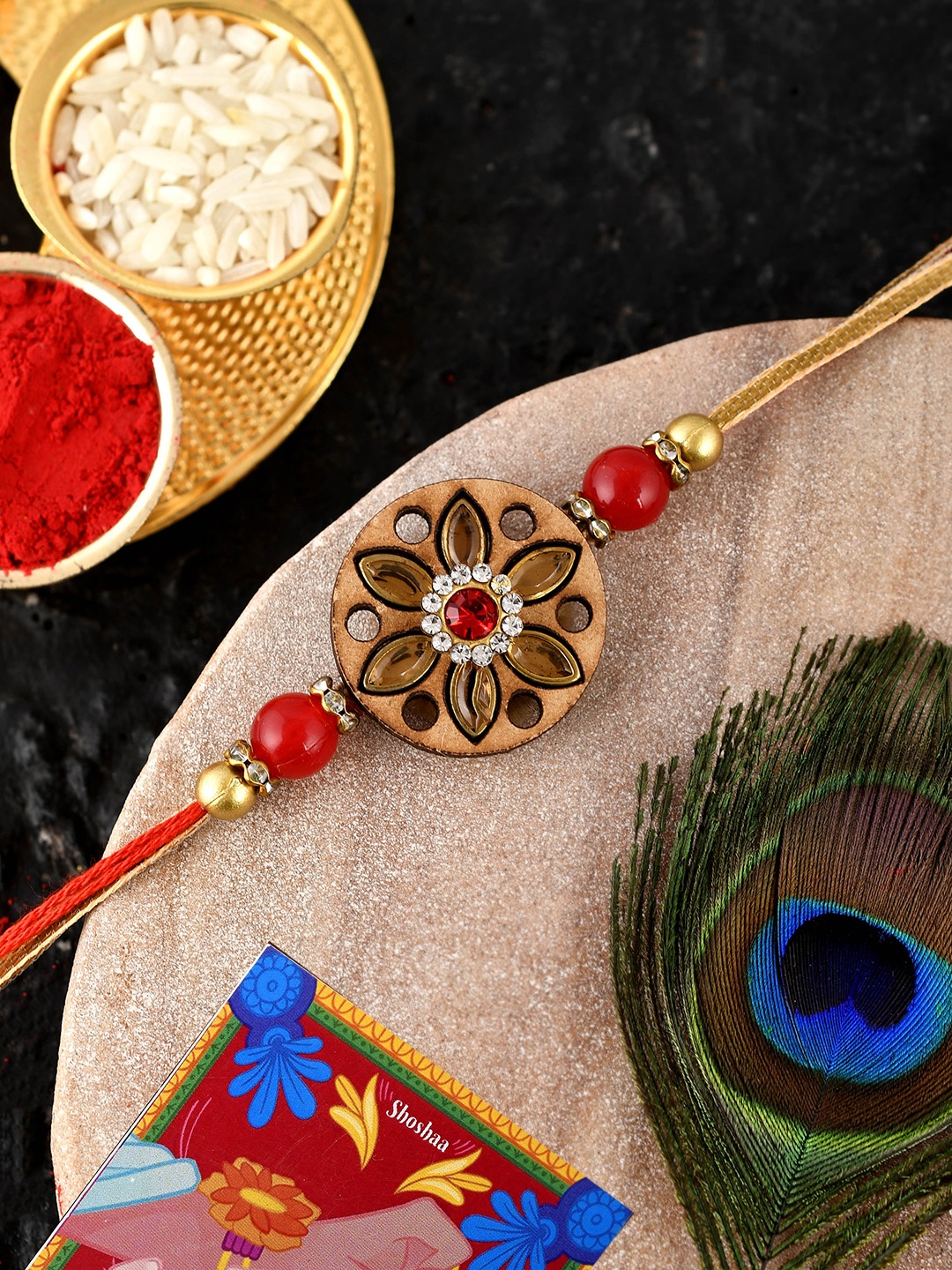 

Shoshaa Red & Gold-Toned Beaded Handcrafted Rakhi With Roli Chawal