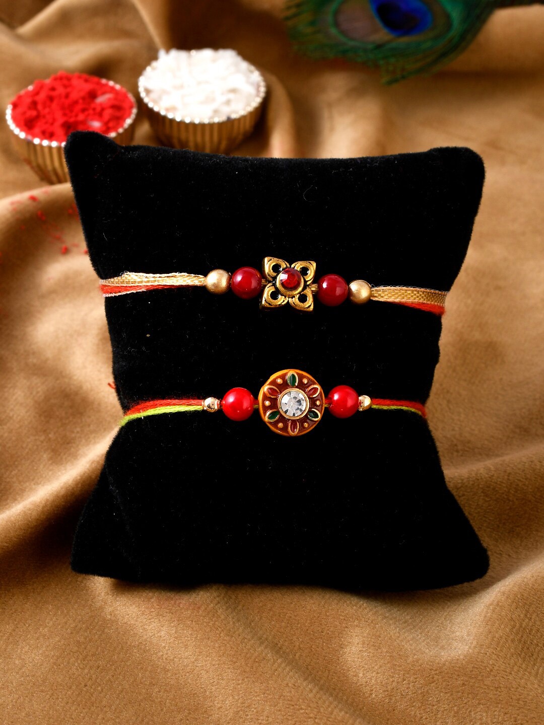

Shoshaa Set of 2 Red & Gold Thread Beaded & Stone Combo Bhai Rakhi