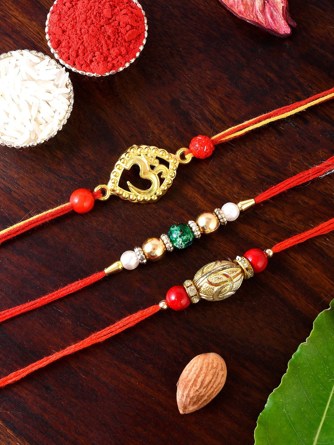 

Shoshaa Men Set Of 3 Gold-Toned Red Beaded Combo Bhai Rakhi With Roli Chawal