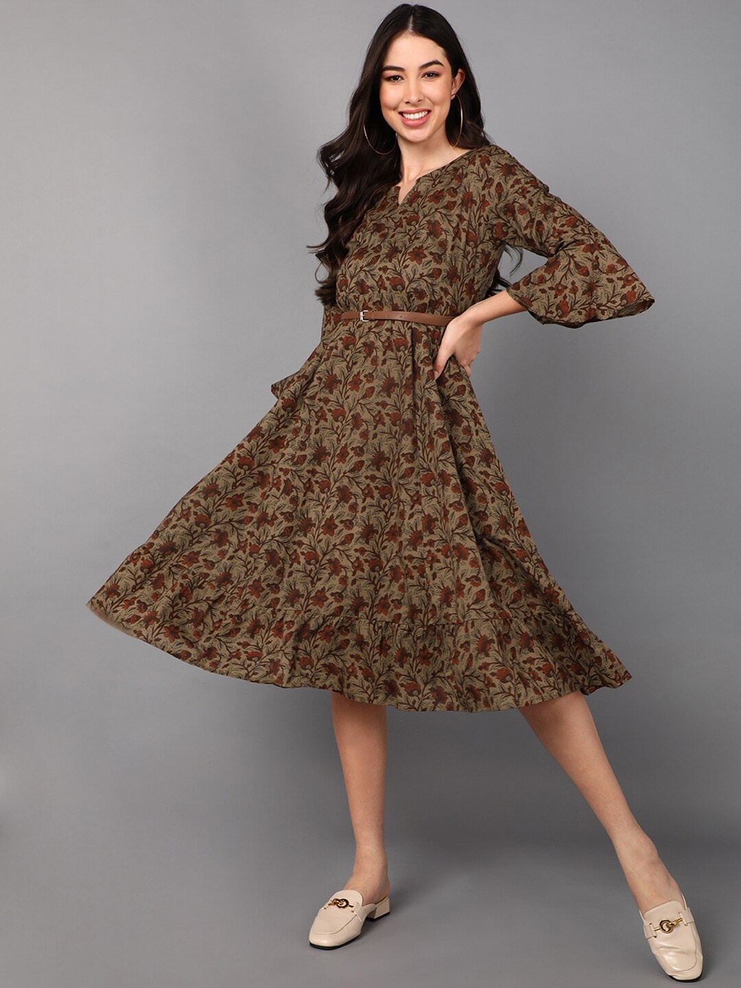 

AHIKA Taupe Floral Midi Dress