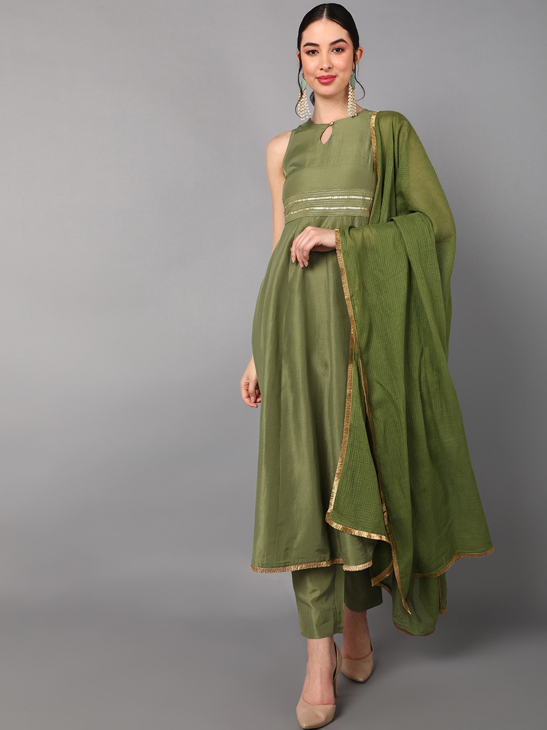 

AHIKA Women Green Empire Kurti with Trousers & With Dupatta