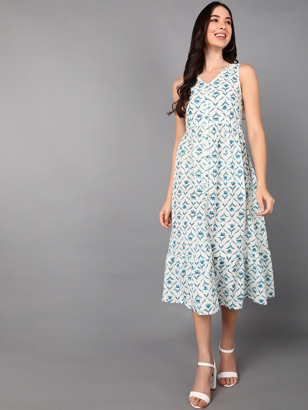 

AHIKA White Floral Ethnic A-Line Midi Dress