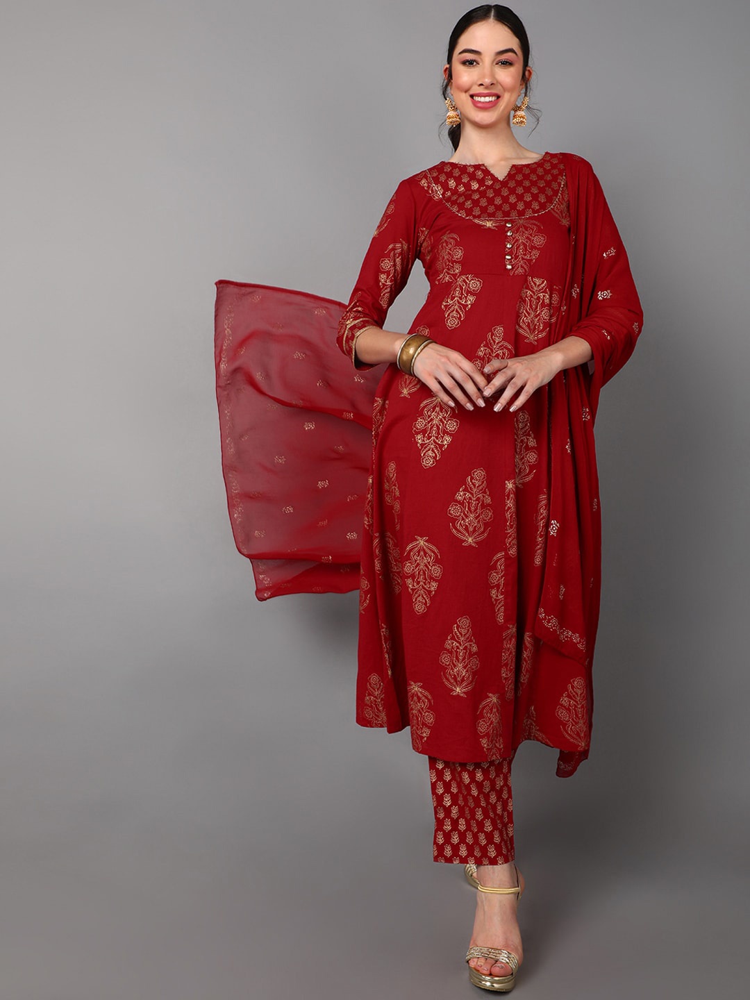 

AHIKA Women Maroon Ethnic Motifs Printed Angrakha Pure Cotton Kurti with Trousers & With Dupatta