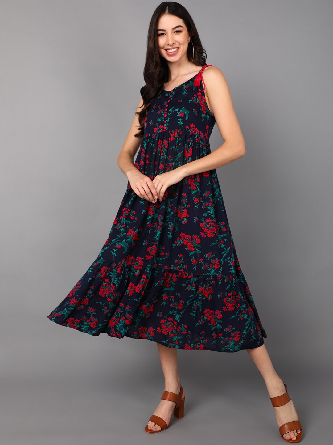 

AHIKA Women Cotton Navy Blue & Red Floral A-Line Midi Dress