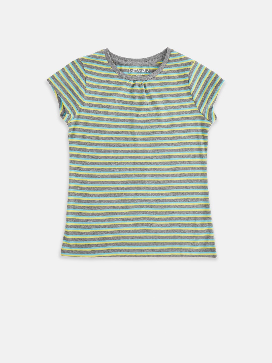 

Pantaloons Junior Girls Grey Melange Striped Henley Neck T-shirt