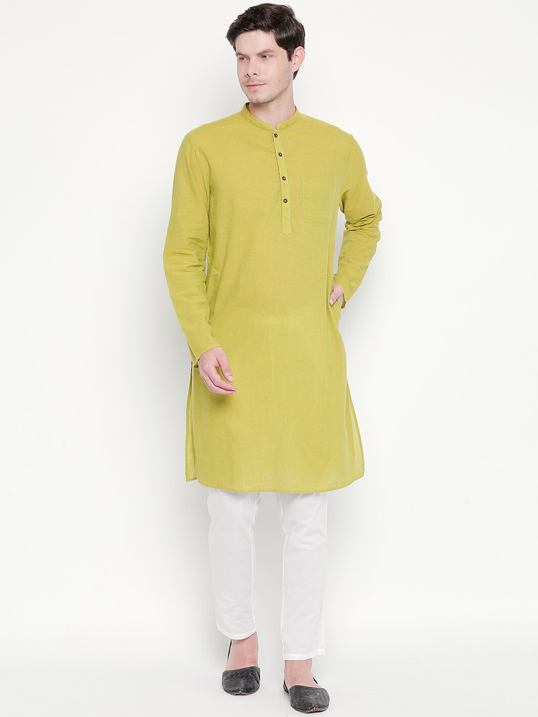 

indus route by Pantaloons Men Lime Green Striped Thread Work Kurta