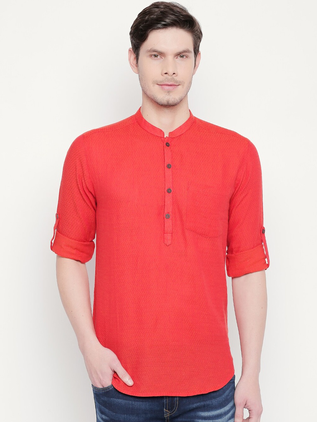 

indus route by Pantaloons Men Rust Patchwork Dobby Kurta