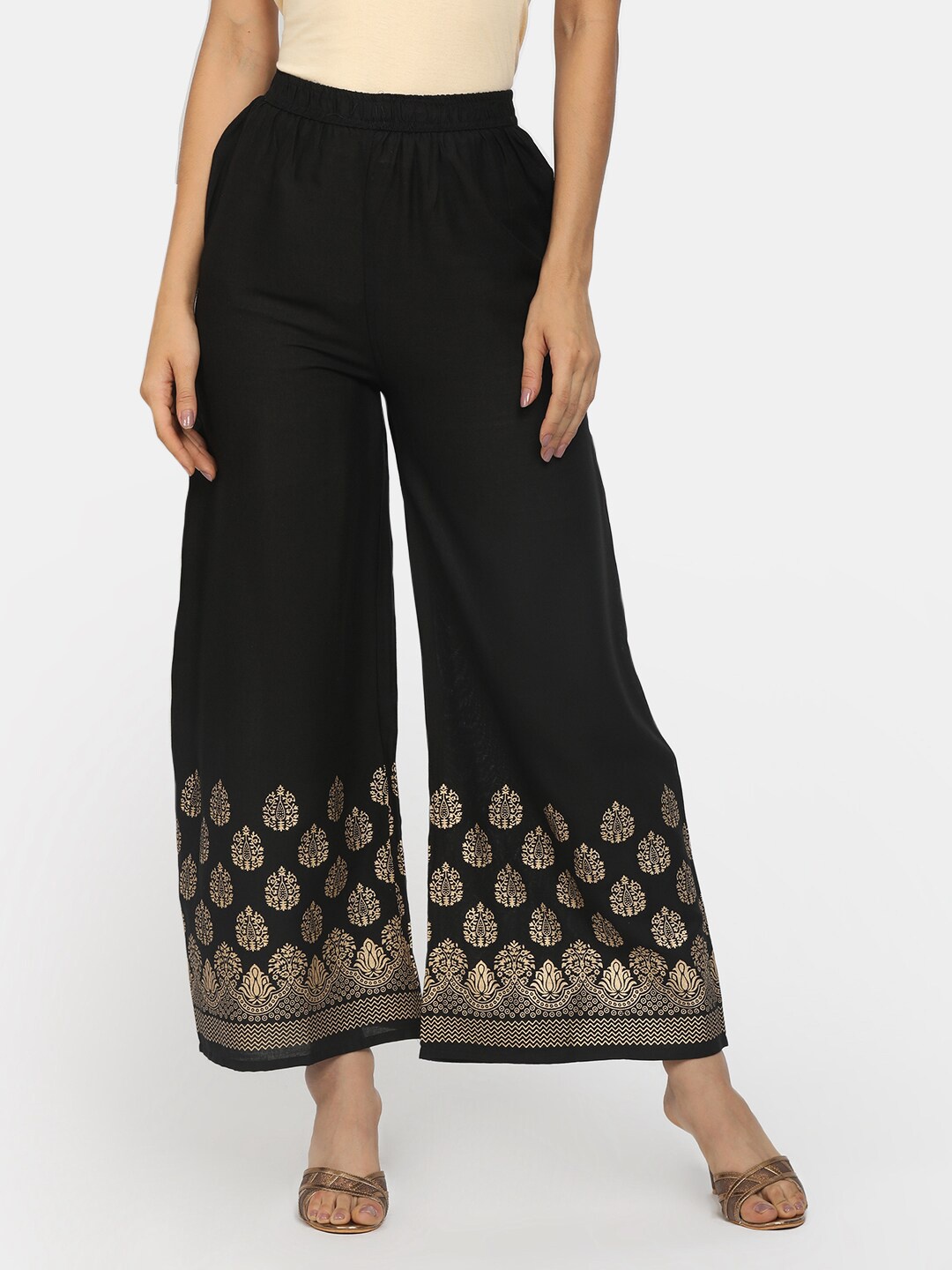 

V-Mart Women Black & Gold-Toned Floral Ethnic Palazzos