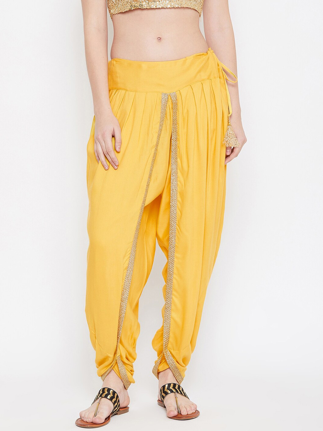 

9rasa Women Yellow Embellished Dhoti Pants