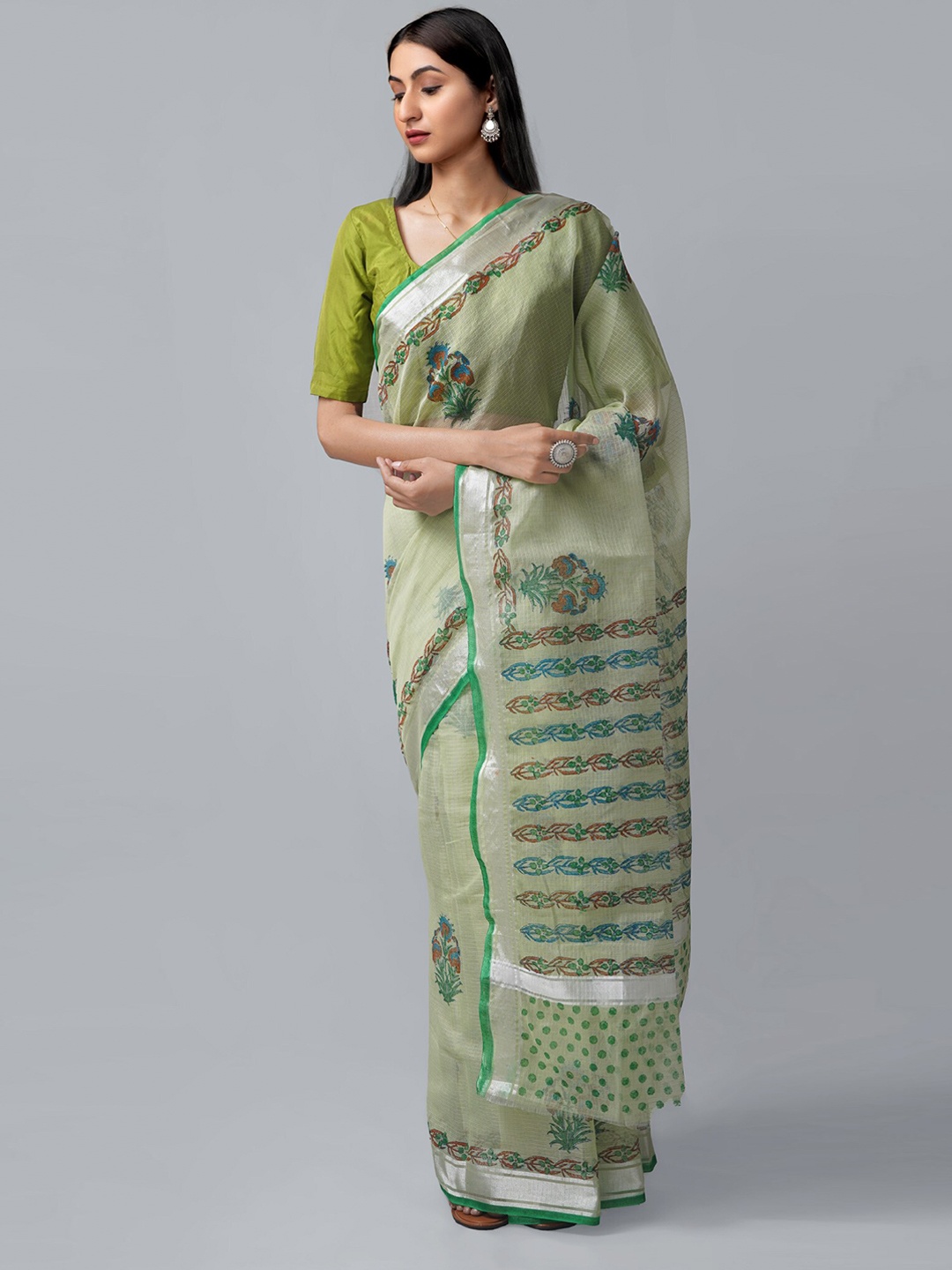

Unnati Silks Green & Silver-Toned Ethnic Motifs Pure Cotton Block Print Saree