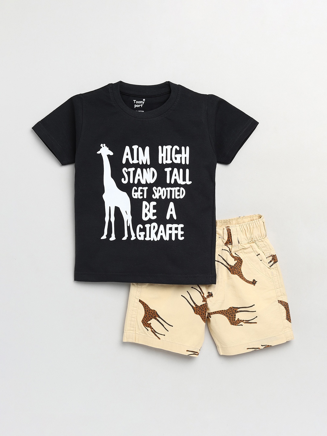 

Toonyport Boys Black & Beige Printed Pure Cotton T-shirt with Shorts