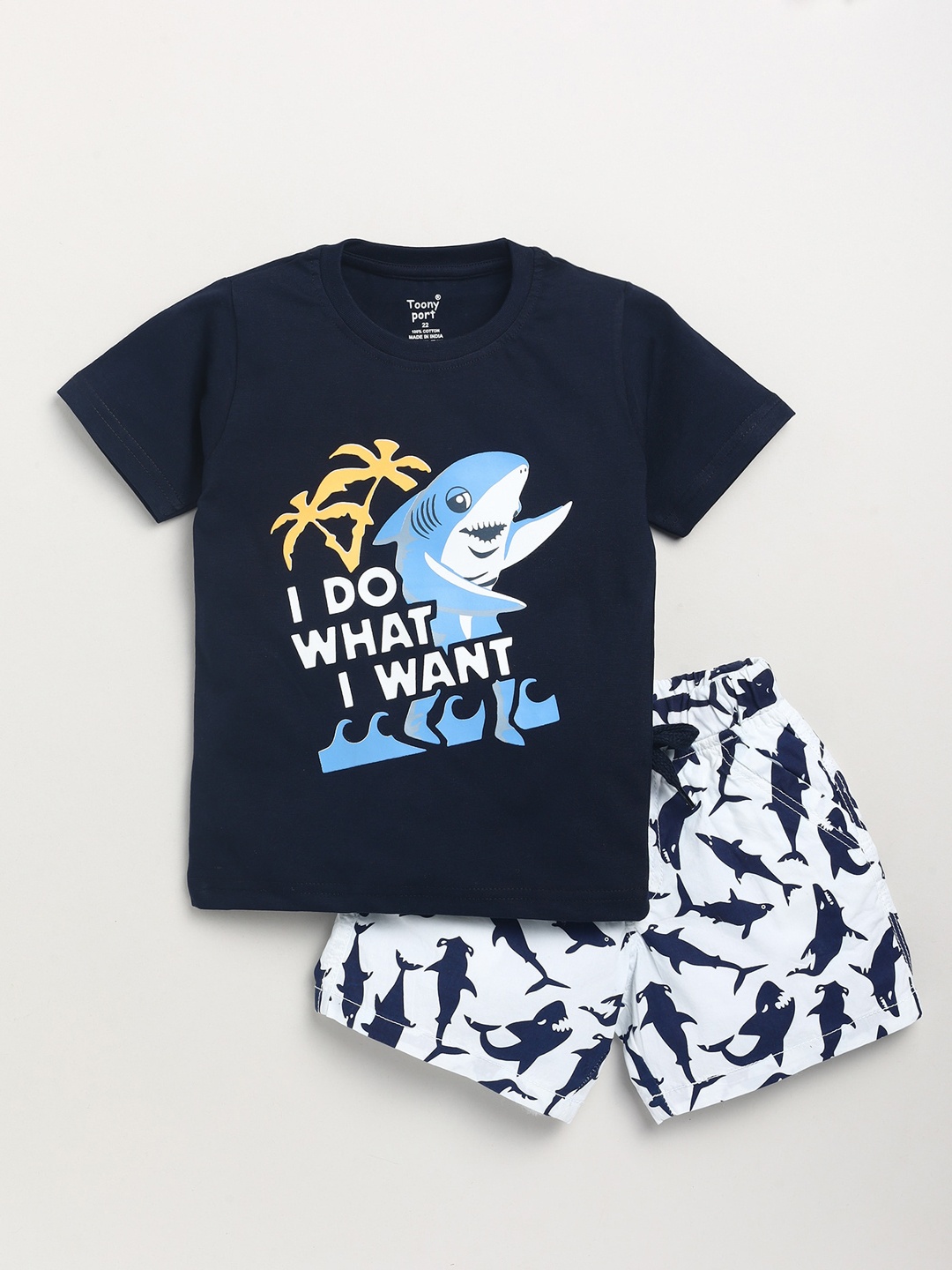 

Toonyport Boys Navy Blue Printed Pure Cotton T-shirt with Shorts