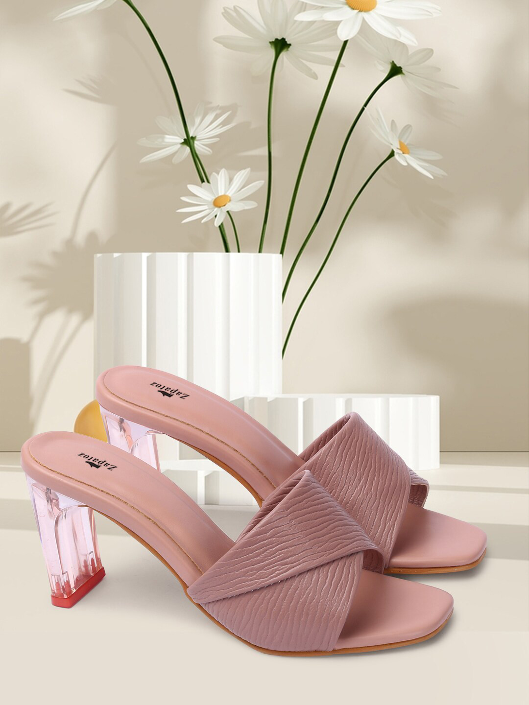 

ZAPATOZ Peach-Coloured PU Block Pumps with Laser Cuts