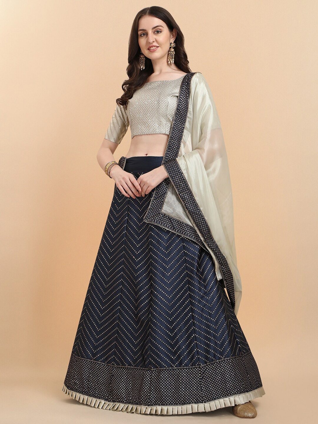 

Amrutam Fab Navy Blue & Embellished Sequinned Semi-Stitched Lehenga & Unstitched Blouse With Dupatta