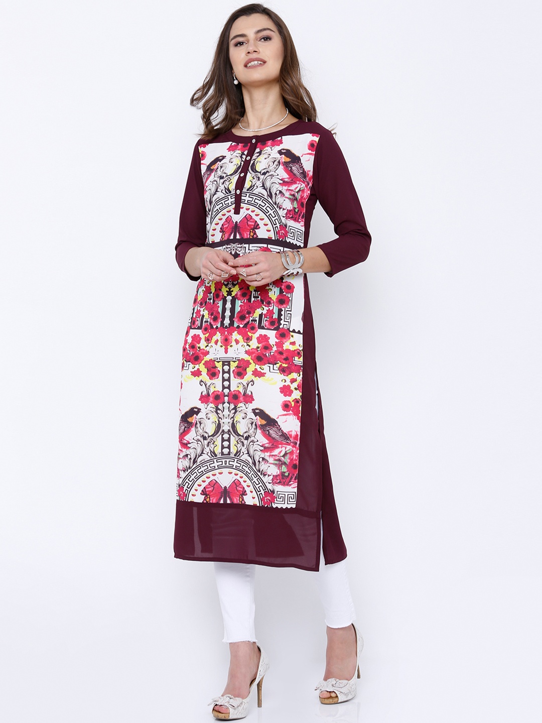 

Kurtas Women Burgundy Printed Kurta