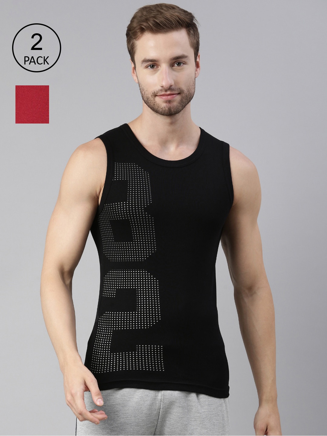 

DIXCY SCOTT MAXIMUS Men Pack of 2 Black & Maroon Printed Cotton Innerwear Vests