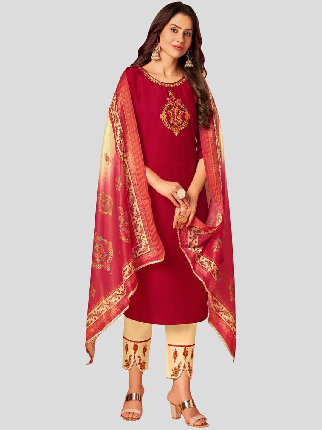 

7TH FAB Women Red Layered Pure Silk Kurti with Trousers & With Dupatta