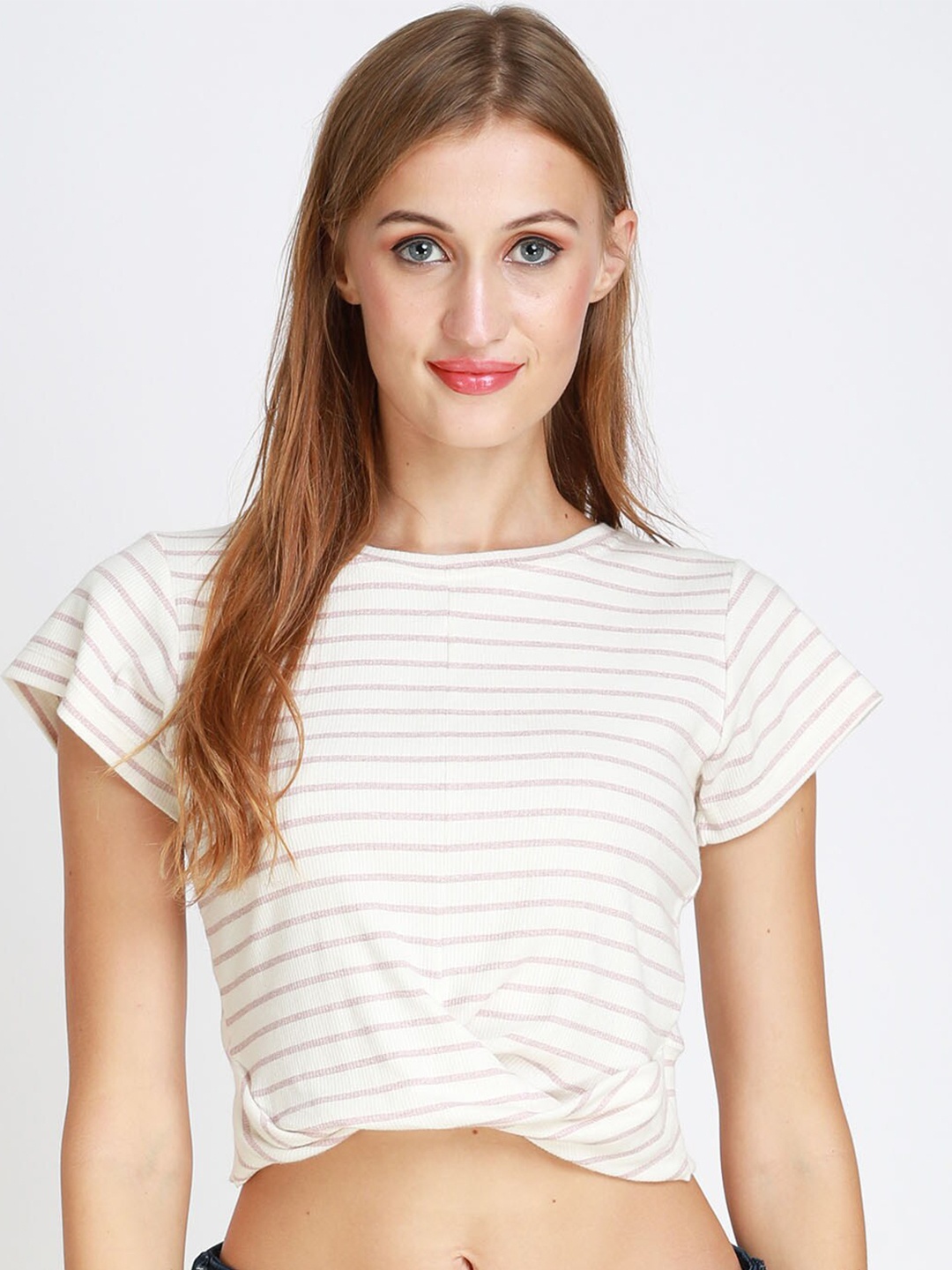 

angloindu Women White Striped Slim Fit T-shirt