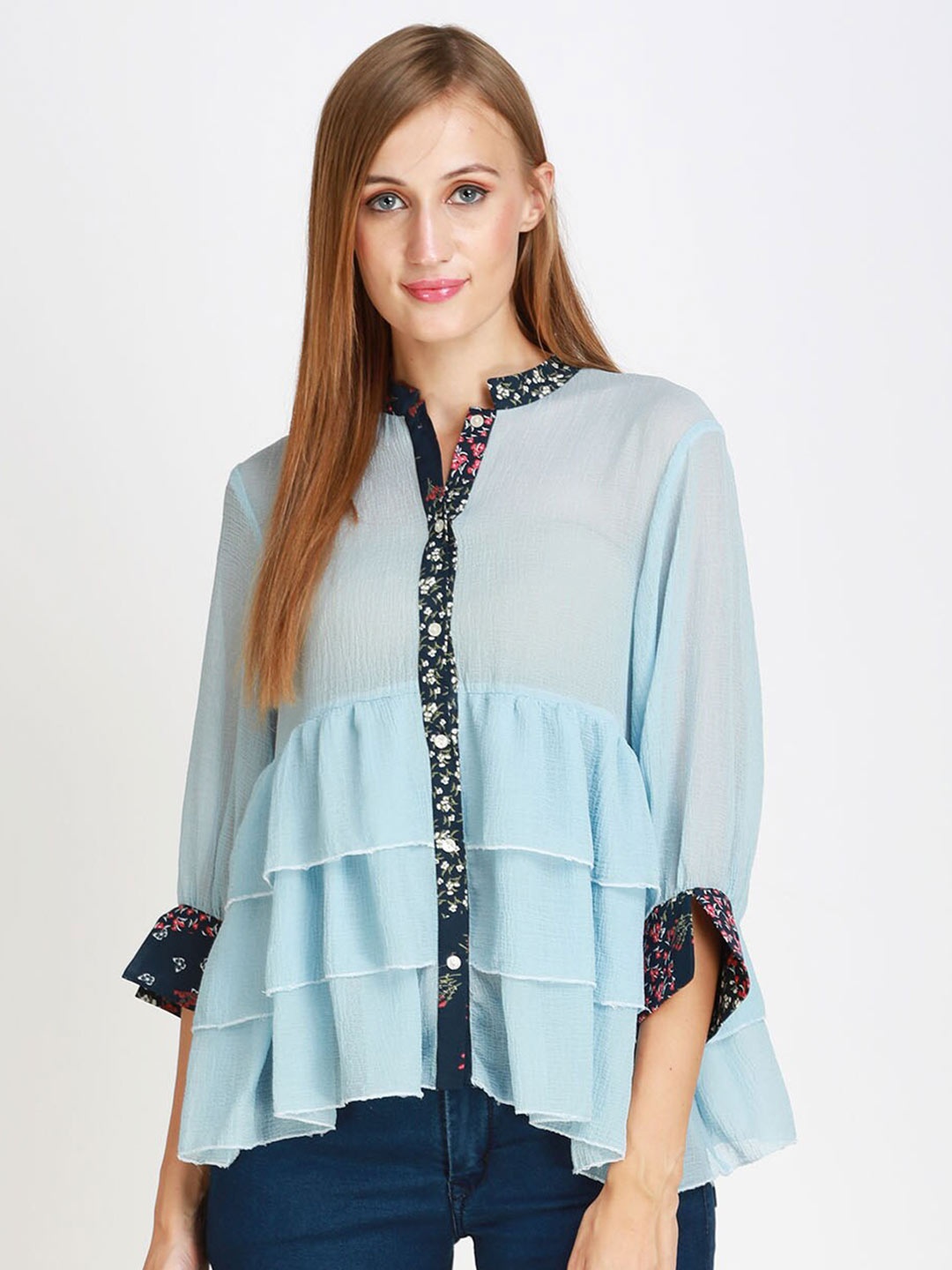 

angloindu Blue Mandarin Collar Chiffon Shirt Style Top