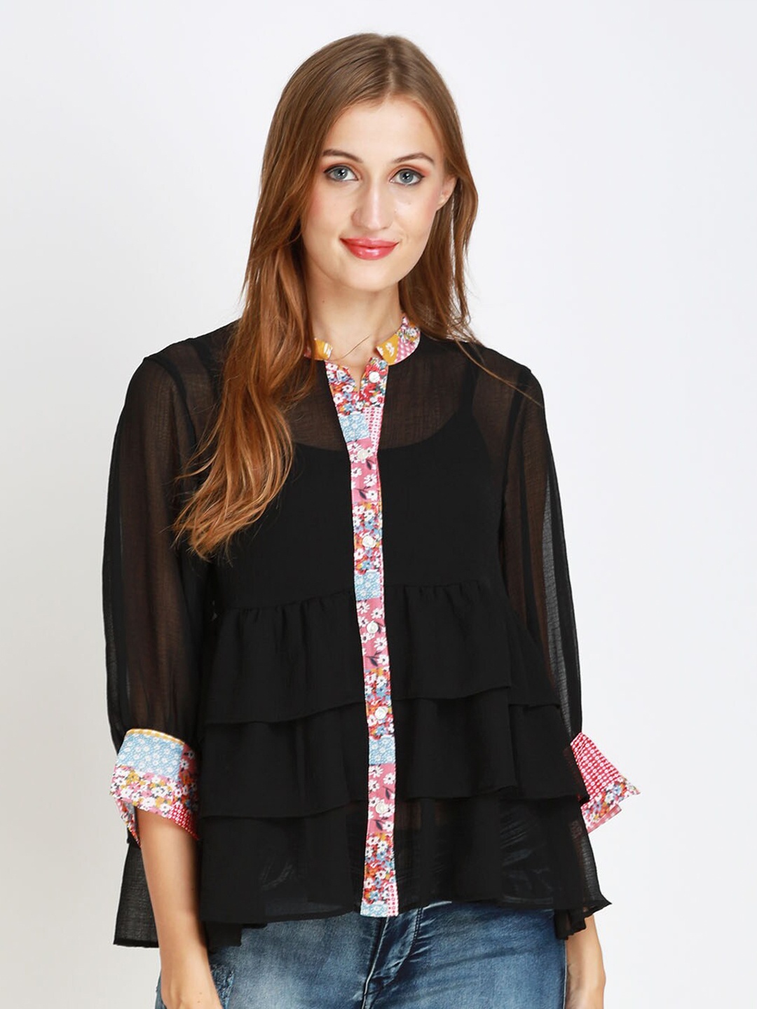 

angloindu Black Mandarin Collar Chiffon Tiered Top