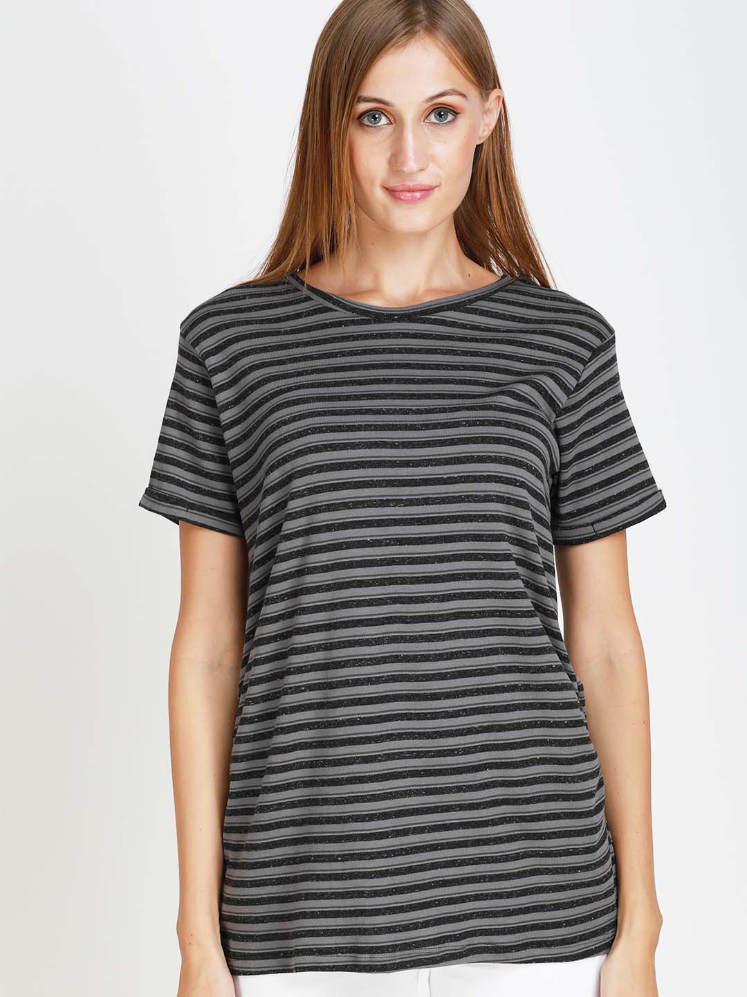 

angloindu Women Grey Striped Drop-Shoulder Sleeves T-shirt