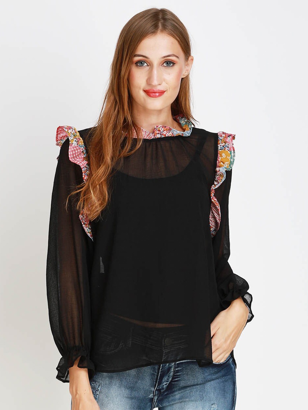 

angloindu Black Chiffon Top