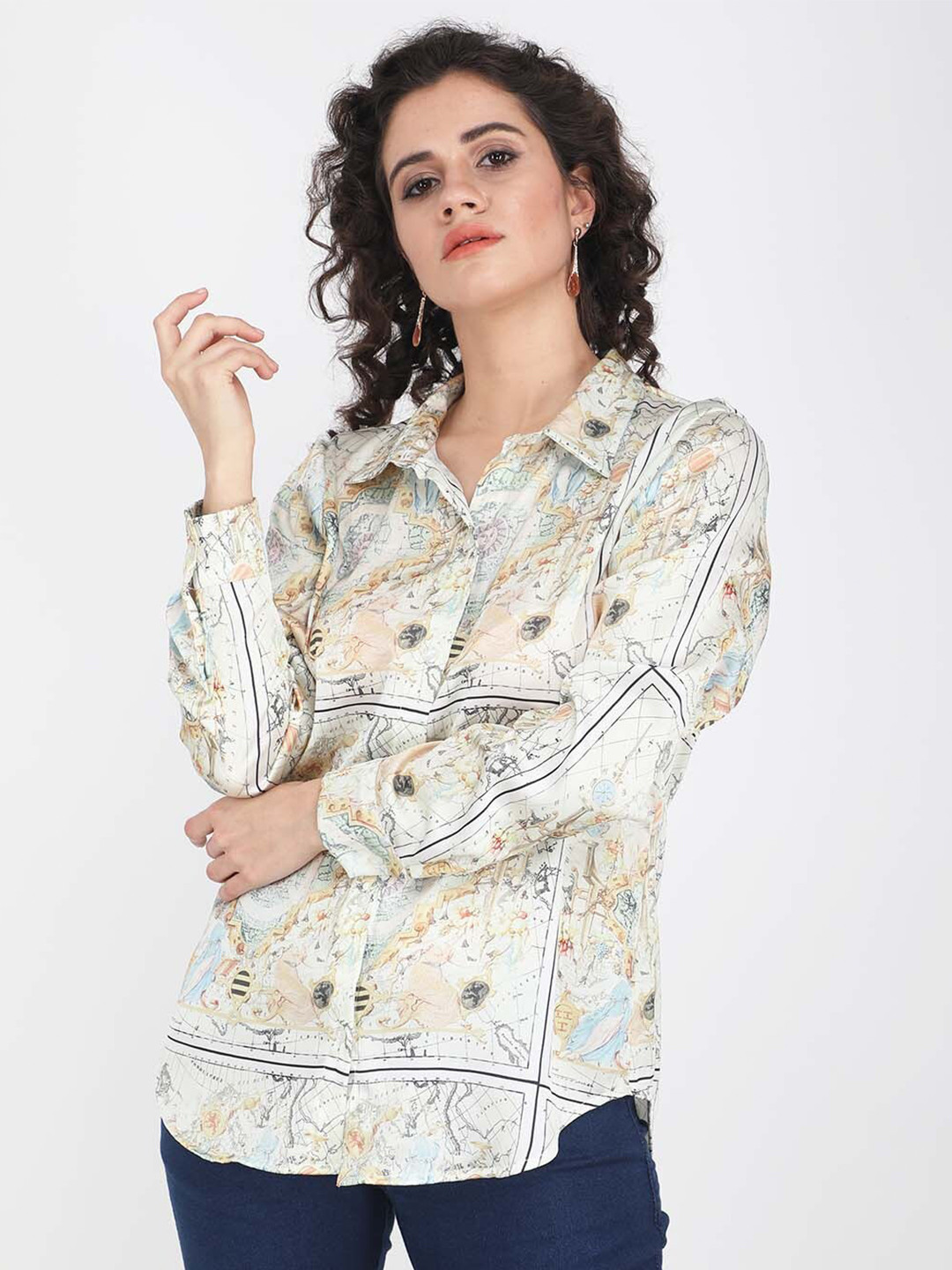 

angloindu Opaque Printed Casual Shirt, Off white