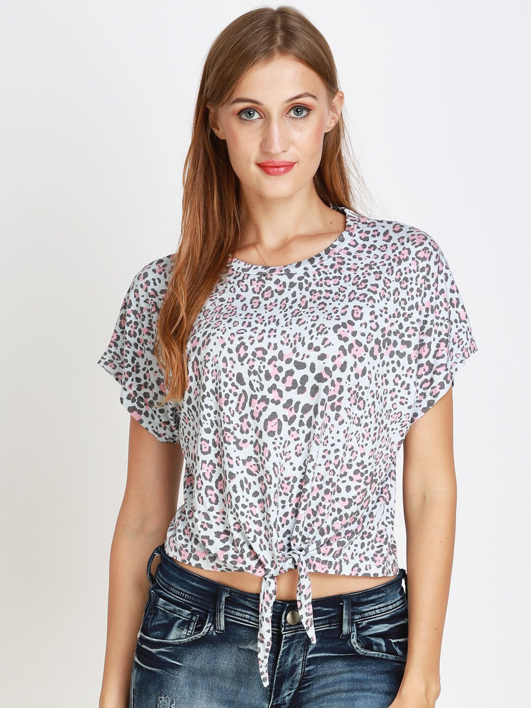 

angloindu Women Blue Floral Raw Edge T-shirt
