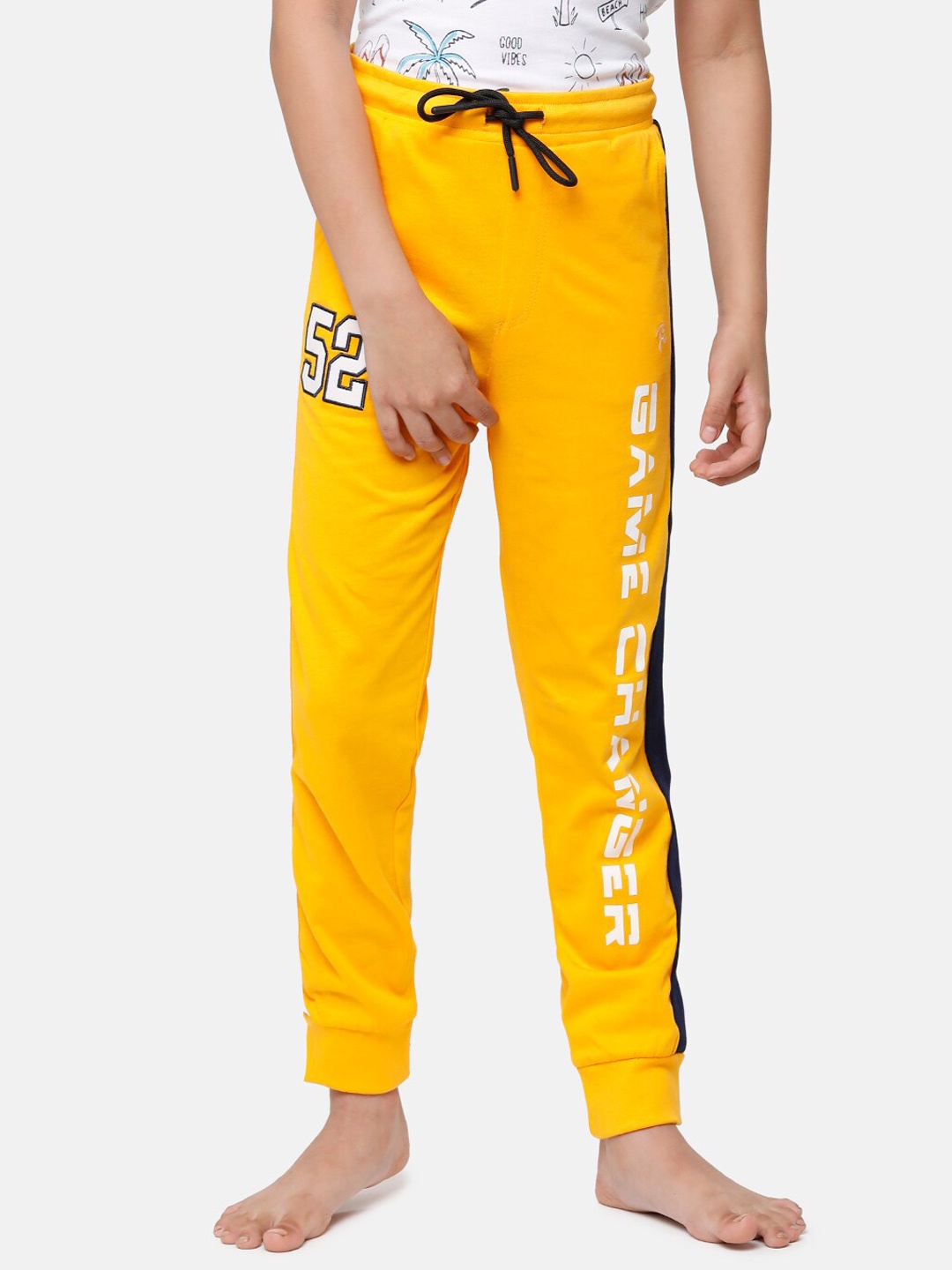 

CP BRO Boys Yellow Typography Printed Cotton Slim-Fit Joggers