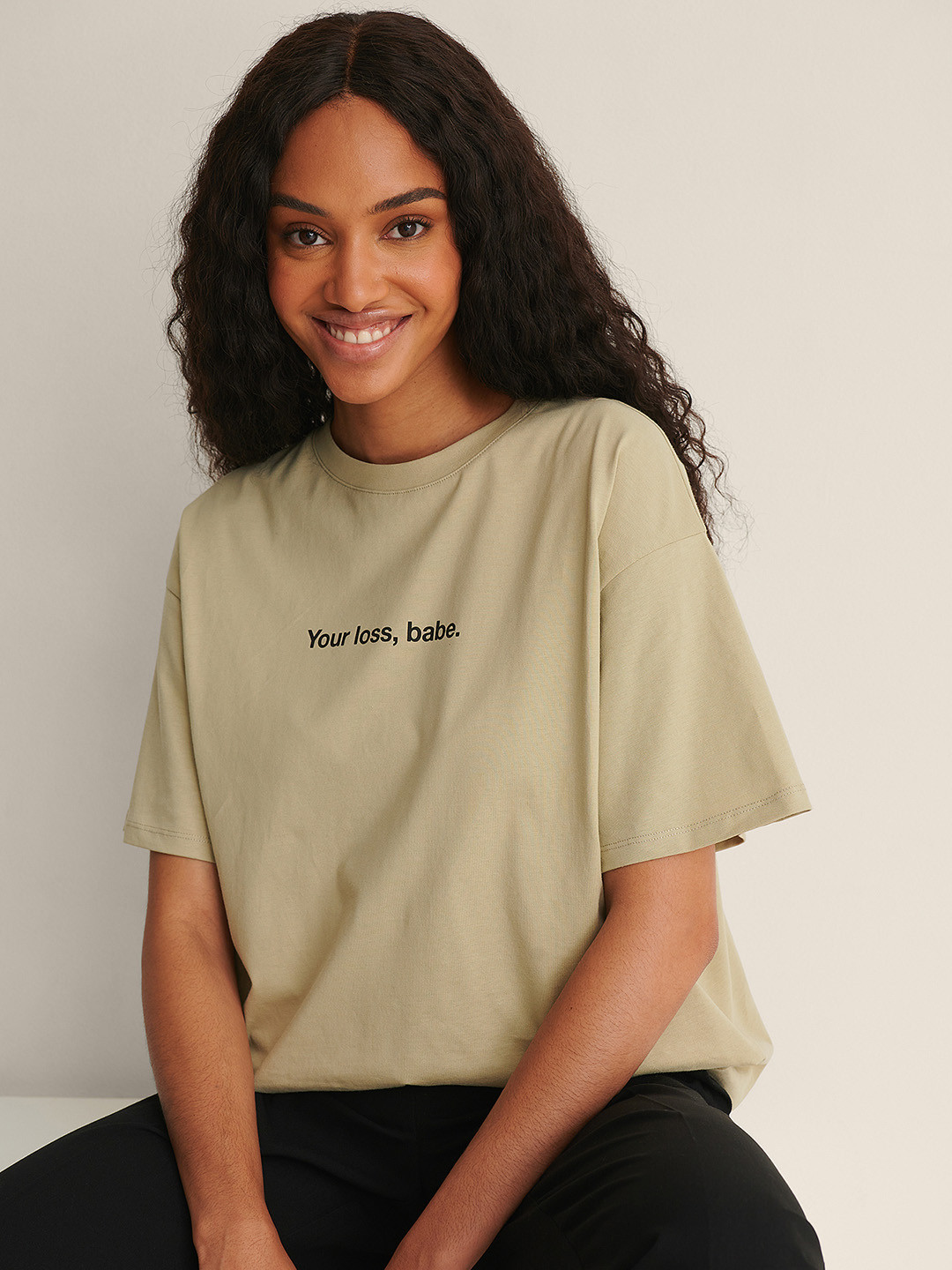 

NA-KD Women Green & Black Typography Printed Drop-Shoulder Sleeves Organic Cotton T-shirt