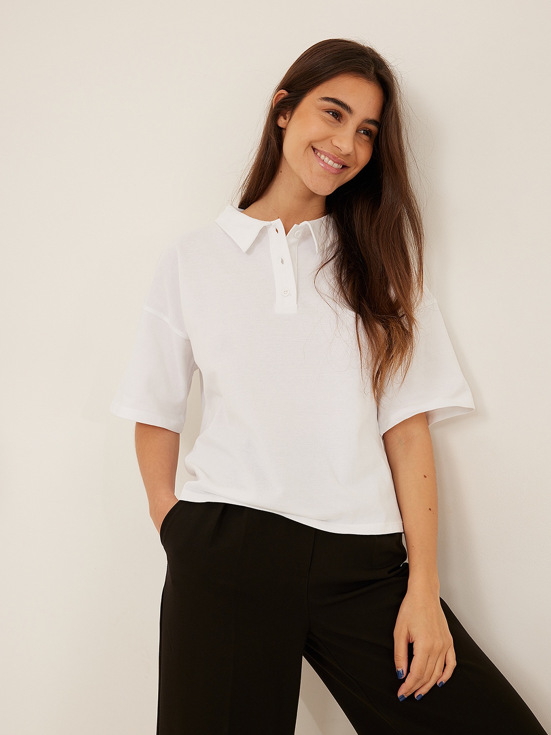 

NA-KD Women White Solid Polo Collar Organic Cotton T-shirt