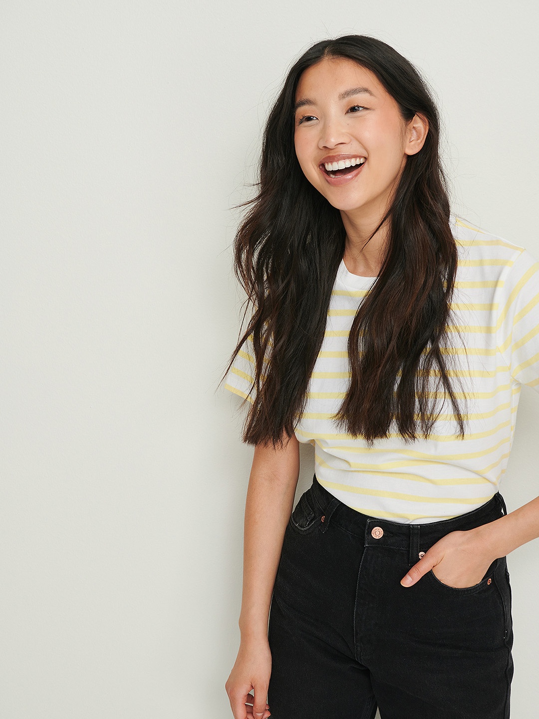 

NA-KD Women White & Yellow Striped Organic Cotton T-shirt