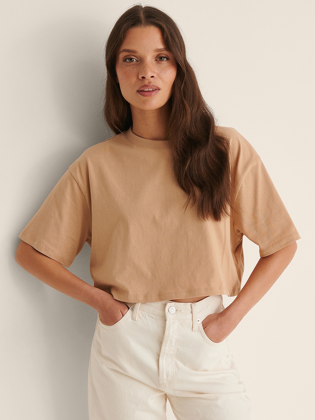 

NA-KD Women Beige Drop-Shoulder Sleeves Organic Cotton Crop T-shirt