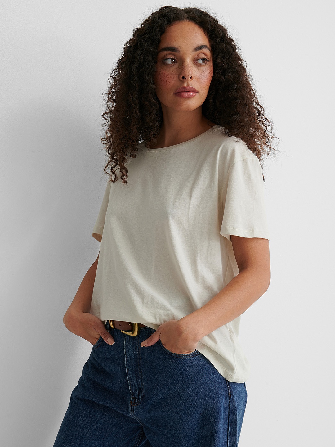 

NA-KD Women Off-White Pure Cotton T-shirt