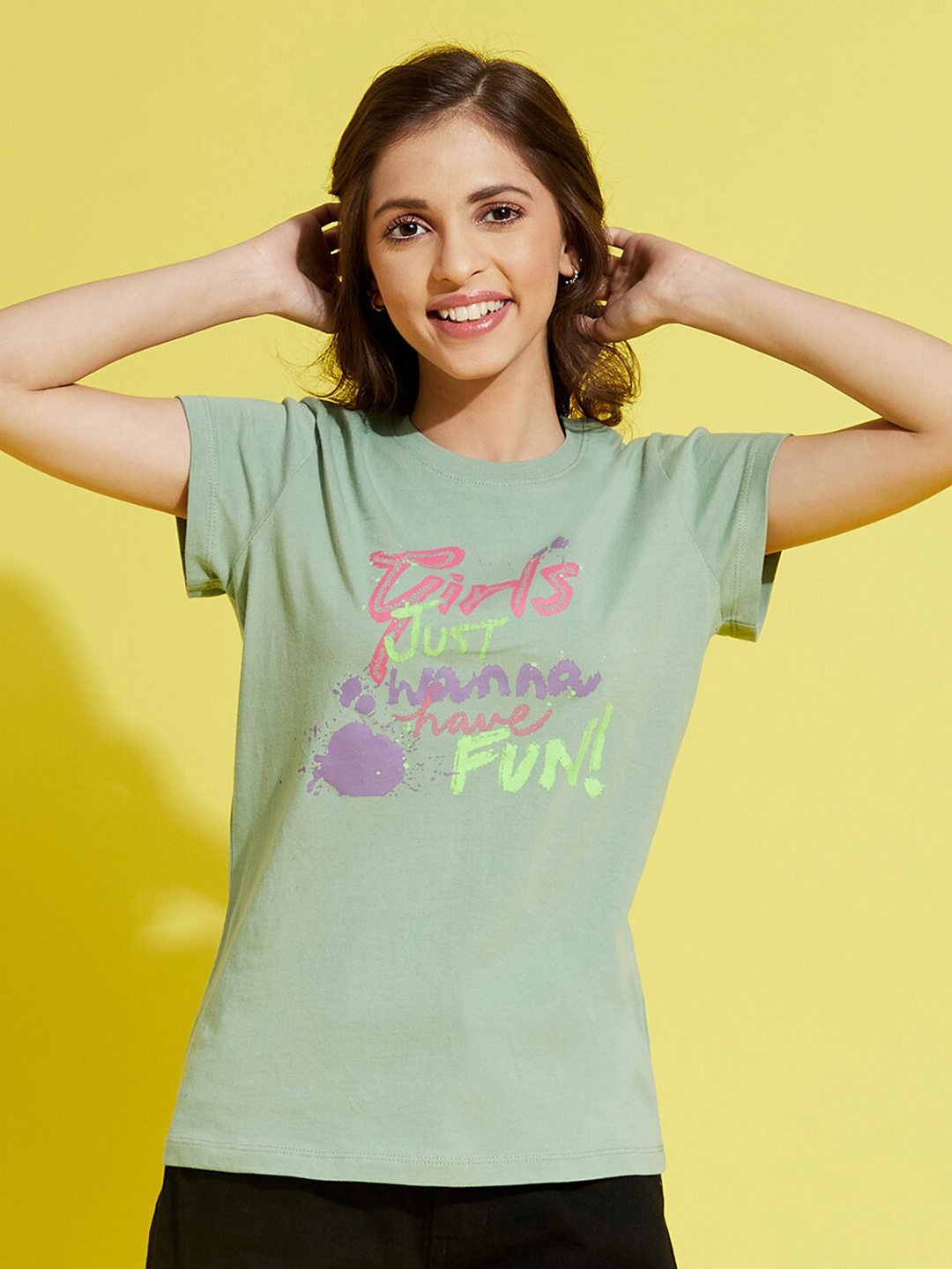 

Noh Voh - SASSAFRAS Kids Girls Olive Green Typography Printed Pure Cotton T-shirt