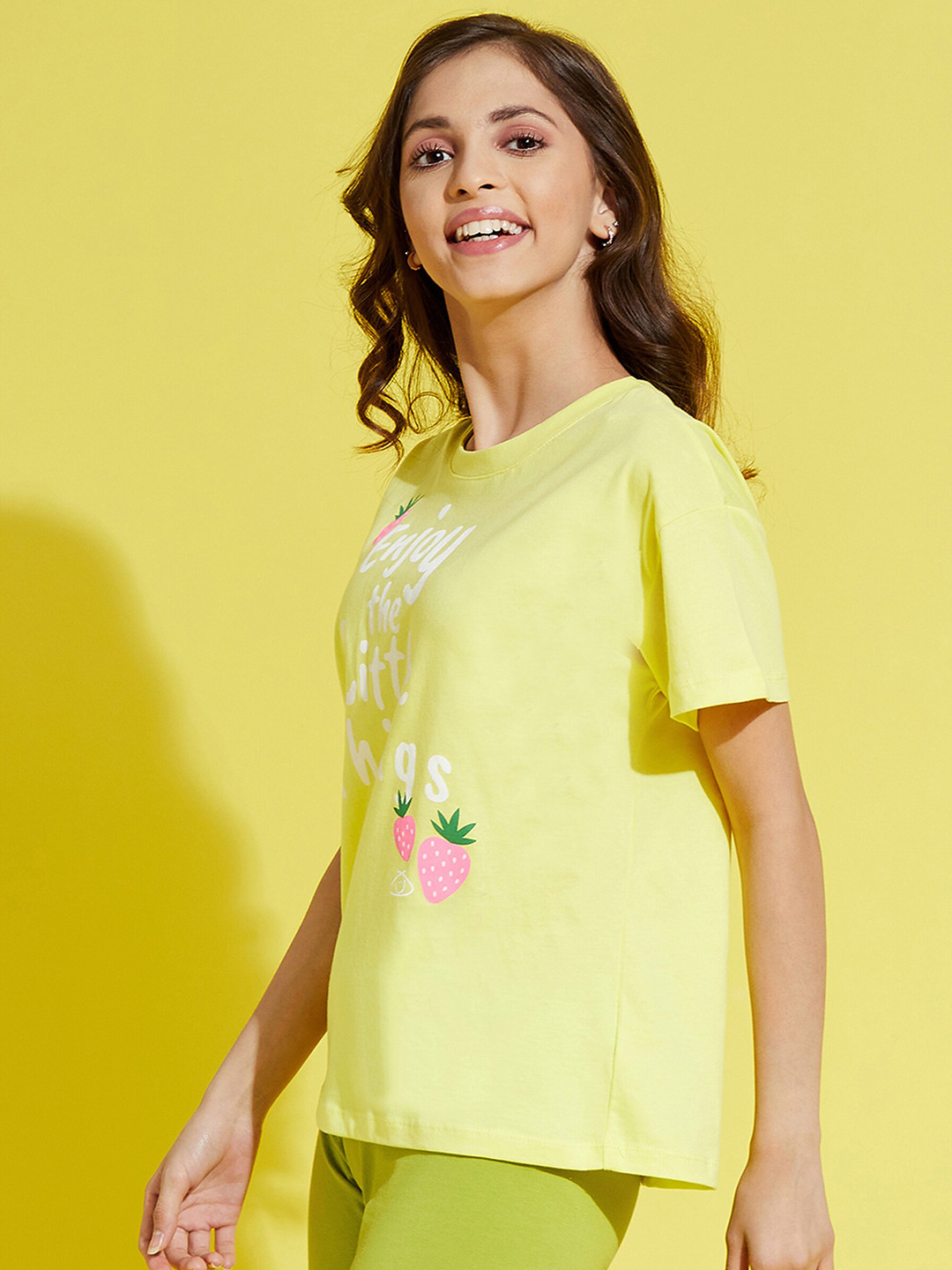 

Noh Voh - SASSAFRAS Kids Girls Yellow Typography Printed Extended Sleeves Pure Cotton Applique Oversized T-shirt