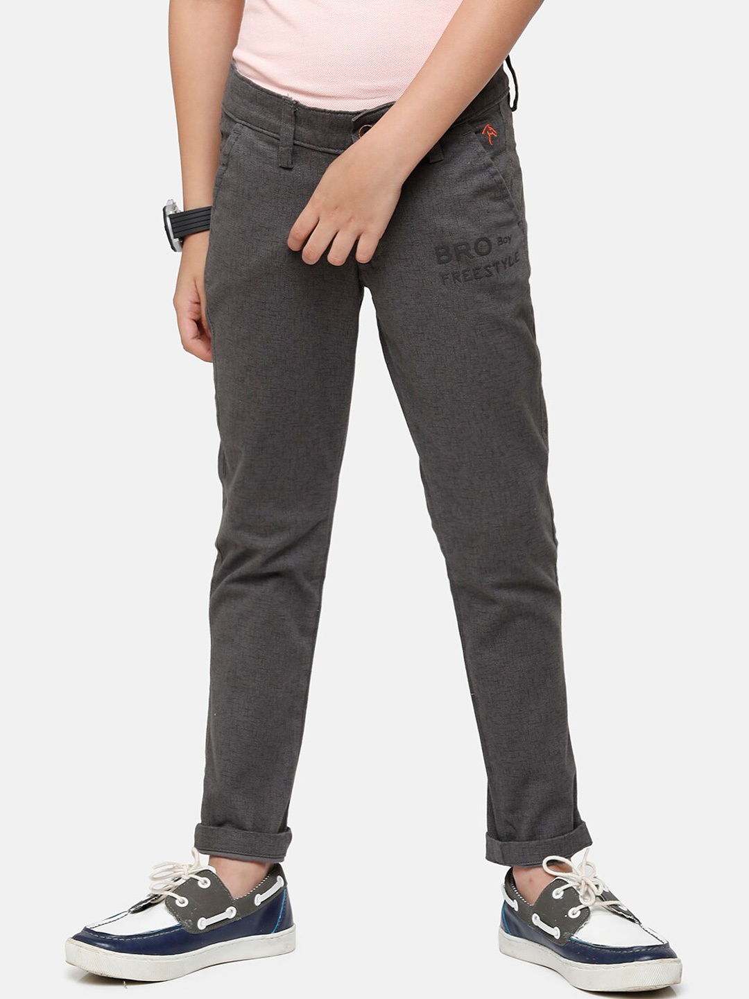 

CP BRO Boys Grey Textured Slim Fit Trousers