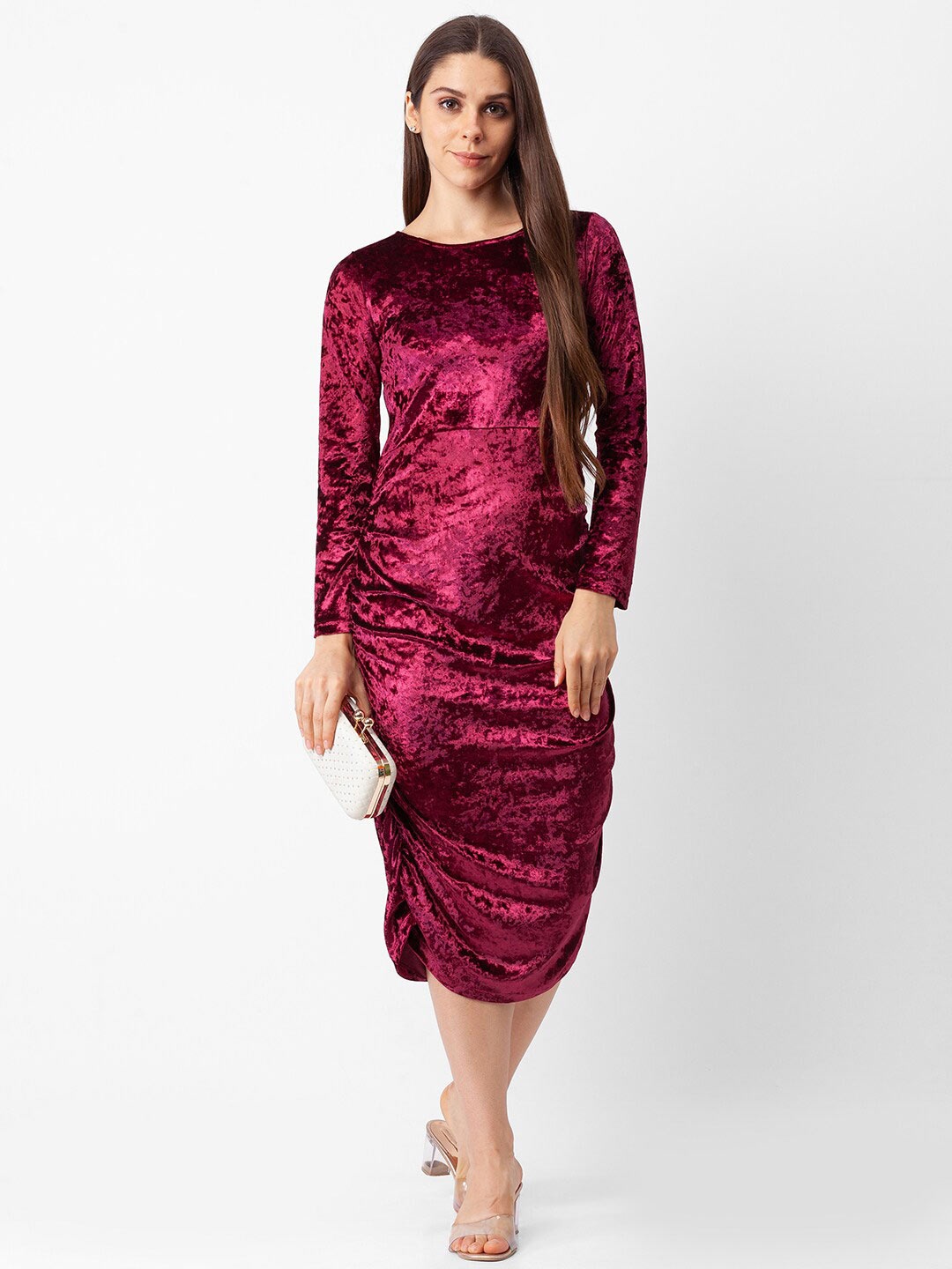 

Globus Maroon Embellished Sheath Midi Dress