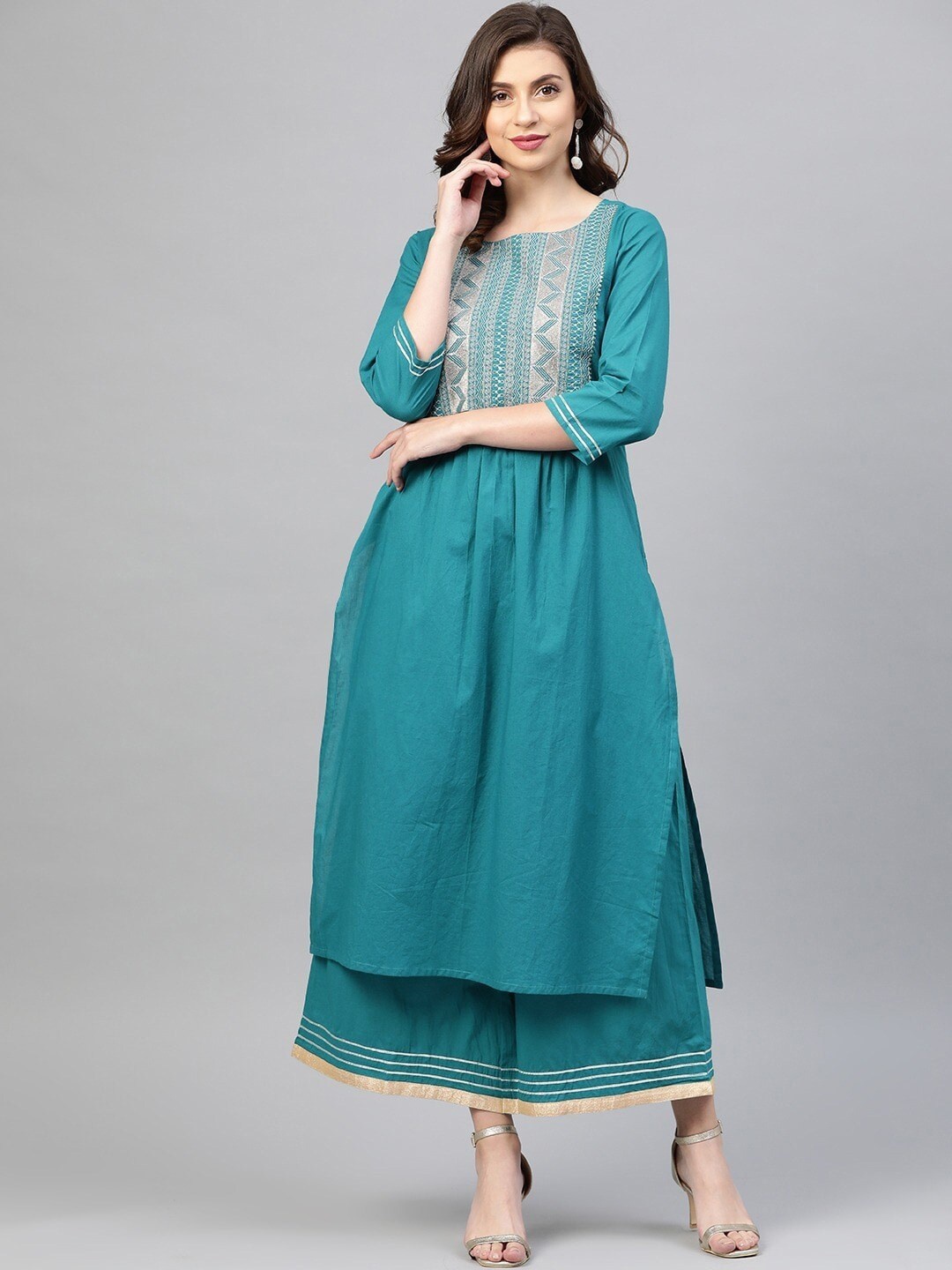 

Varanga Women Teal Yoke Design Pleated Kurti with Sharara